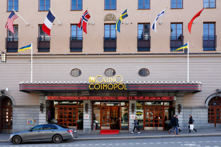 Stockhomlm, Sweden - October 4, 2017: The building exterior  and entrance to casino Casino Cosmopol operated by Svenska Spel  and located at the address Kungsgatan 65, Stockholm, Sweden.のeditorial素材