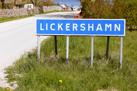 Closeup of the village Lickershamns entrance sign in the Swedish province of Gotland..の写真素材