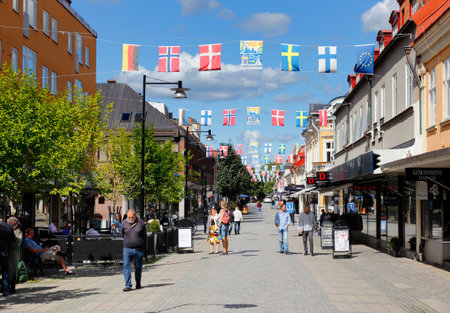 Karlshamn, Sweden - August 23, 2017: The shopping street Drottninggatan in the center of Karlhamn is a pedestrian street.のeditorial素材