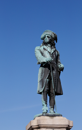 Close-up of statue representing Sweden's King Charles XI (1655-1697) at Stortorget square in Karlskrona, performed by John Borjeson (1835-1910) and erected in 1897.の写真素材