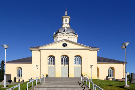 Tornio, Finland - July 20, 2016: The Alatornio church exterior in and a point in the Struve Geodetic Arc is located in the bell tower protected as a world heritage site.のeditorial素材