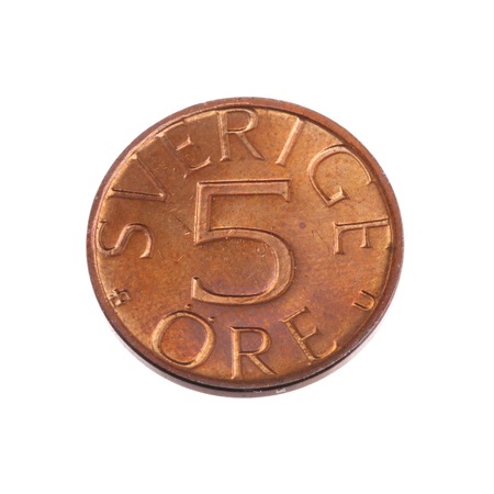 Swedish obsolet copper coin 5 ore coind 1976 isolated on white backgrouns.の写真素材