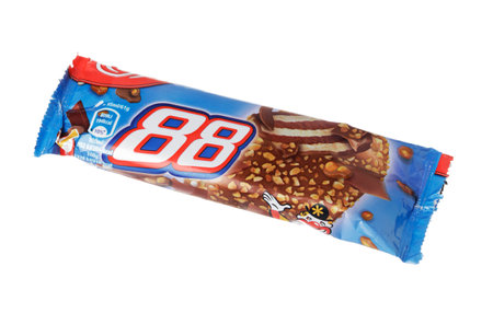 Stockholm, Sweden - December 22, 2017: On a white background one package of the ice cream bar 88 sold by the Swedish brand GB Glace owned by Unlever.のeditorial素材