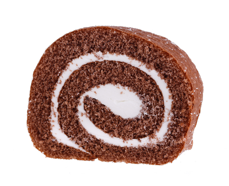 Chocolate cream Swiss roll isolated on white background.の写真素材