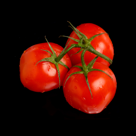 Three red ripe tomatoes with stem isolated on black background.の写真素材
