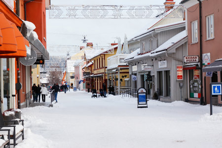 Leksand, Sweden - February 9, 2018: Winter in downtown Leksand at the shopping street Norsgatan.のeditorial素材