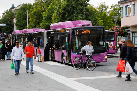 Orebro, Sweden - August 18, 2017: Violet colored public transportation city busses at stop Jarntorget in the city center.のeditorial素材