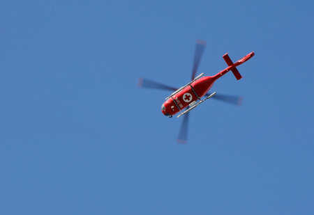 Stockholm, Sweden - July 7, 2016: One helicopter air ambulance Eurocopter EC135 (SE-JFN) operated by Scandinavian Medicopter  in the air near the Sodersjukhuset hospitalのeditorial素材