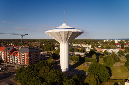 Orebro, Sweden - June 8, 2018: Aerial view of the mushroom shaped water tower Svampen with a restaurant and viewing terrass.のeditorial素材