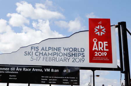 Are, Sweden - May 20, 2016: Sign located at the Are race arena,  for the 2019 FIS Alpine world ski championships 5-17 Februaryのeditorial素材
