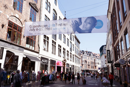 Copenhagen, Denmark - June 27, 2018: An advertisement banner above the Stroget street for the Copenhagen Jazz Festival during July 6-15 2018.のeditorial素材
