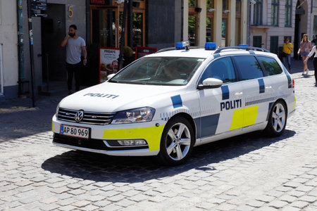 Copenhagen, Denmark - June 27, 2018: Danish police car manufactured by Volkswagen in central Copenhagen.のeditorial素材