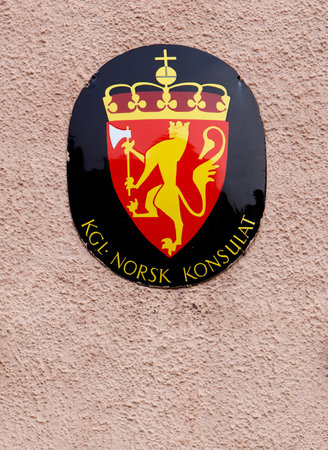 Visby, Sweden - May 14, 2016: Close-Up of the sign with coat of arms  at the Norwegian consulate.のeditorial素材
