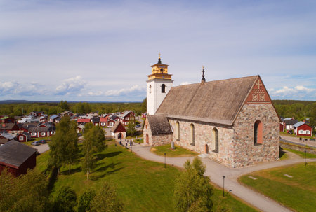 Gammelstad, Sweden - June 16, 2018: Exterior of the medieval Nederlulea church building located in Gammelstad.のeditorial素材