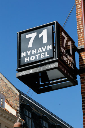 Copenhagen, Denmark - June 27, 2018: Close-up of the Nyhavn hotel 71 sign located in the Nyhavn district in Copenhagen.のeditorial素材