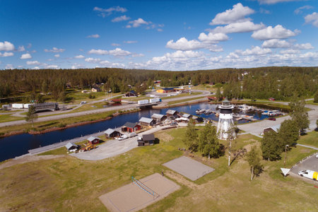 Javre, Sweden - June 21, 2018: Aerial view of Javre harbour, light house and the higway E4.のeditorial素材