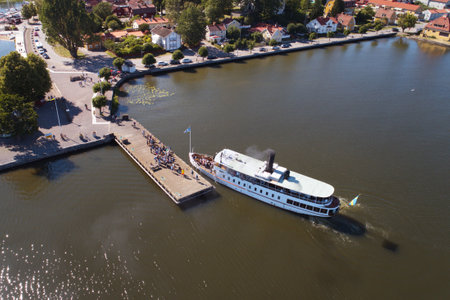 Mariefred, Sweden - July 4, Aerial view of the passenger steam ship Mariefred built 1903, in Lake Malaren arriving the town Mariefredのeditorial素材