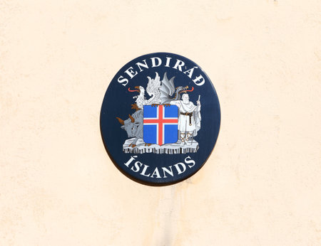 Stockholm, Sweden - April 14, 2014:The Icelandic coat of arms at the Embassy of Iceland in Stockholm, Sweden.のeditorial素材