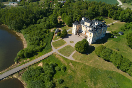 Malsaker, Sweden - May 27, 2018: Aerial view of the Malsaker manor located in the Swedish province of Sodermanland. During the WW II the propery were uesed for military training of Norwegian soldiers.のeditorial素材