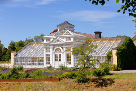 Mariefred, Sweden - July 2, 2018: Exterior of the greenhouse at Gripsholm Castle.のeditorial素材