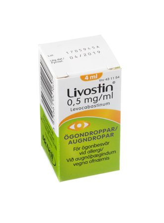 Stockholm, Sweden - December 30, 2017: One package containing 4 ml Livostin eye drops for the Swedish and Icelandic markets.のeditorial素材