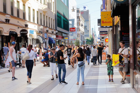 Stockholm, Sweden - July 12, 2018: View of people at the shopping pedestrian only street Drottninggatan in the downtown district.のeditorial素材