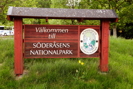 Skaralid, Sweden - May 31, 2013: Welcome sign at the entrance to the Soderasen national park located in the Swedish province of Scania.のeditorial素材