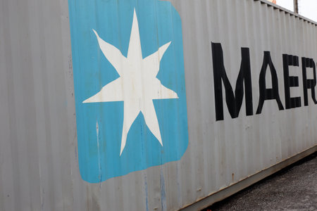 Sodertalje, Sweden - April 29, 2018: Close-up of a 40 feet container with signage for the Maersk brand.のeditorial素材