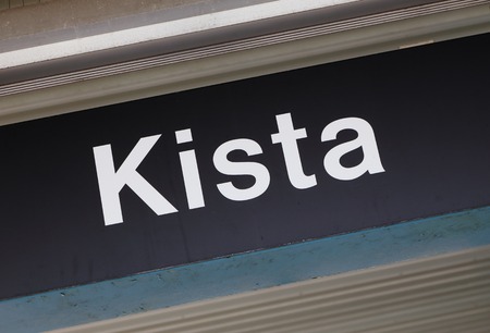 Close up of the Stockholm metro station name sign Kista in the suburban district sharing the name.の写真素材