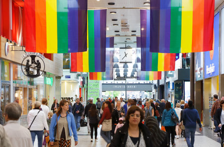 Gothenburg, Sweden- May 28, 2013: Rainbow flag decorating the interior of the Nordstan shopping mall during the West pride culture festival.のeditorial素材