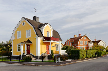 Orebro, Sweden - September 16, 2018: One-family houses with mansard roofs built during the early 1920s at the Hemmansvagen street.のeditorial素材