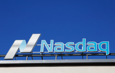 Stockholm, Sweden - July 4, 2016: Close-up of the Nasdaq stock exchange sign located at Stockholm branch.のeditorial素材