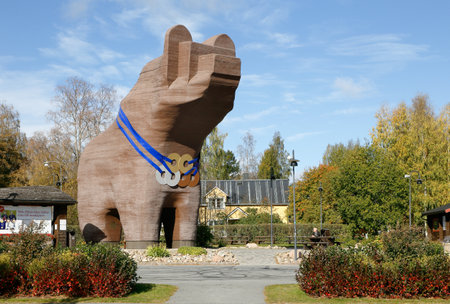 Sveg, Sweden - September 25, 2014: A wooden 13 m high bear sculpture located near the city center.のeditorial素材