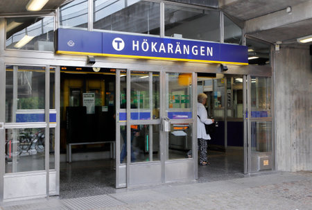 Stockholm, Sweden - August 7, 2015: The entrance to the Hokarangen suburb metro station.のeditorial素材