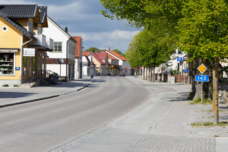 Hemse, Sweden - May 14, 2016: Street made of concrete in Hemse city center located in the Swedish province of Gotland.のeditorial素材