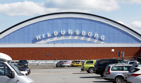 Boden, Sweden - July 13, 2015: Exterior view of the Hildursborg sports arena and its car parking lots.のeditorial素材