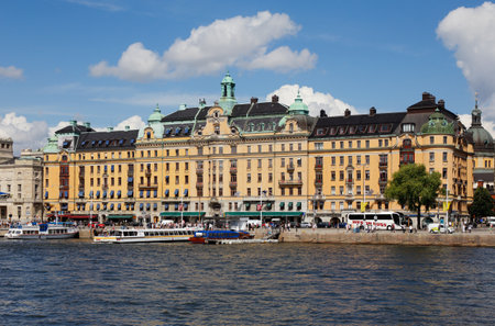 Stockholm, Sweden - July 12, 2018: Building with six floors constructed during 1902-1904  loacted on number 1-5 Strandvagen street in the Osterrmalm distrct.のeditorial素材