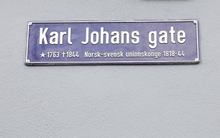 Oslo street name sign Karl Johans gate. King Karl Johan Norwegian and Swedish king 1818-1844.の写真素材