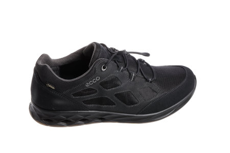 Sodertalje, Sweden - March 27, 2019: One new black Ecco shoe waterproof with Gore-tex isolated on white background.のeditorial素材