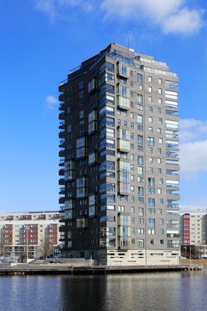 Karlstad, Sweden - April 11, 2019: Modern multy-storey high-rise  apartment building.のeditorial素材