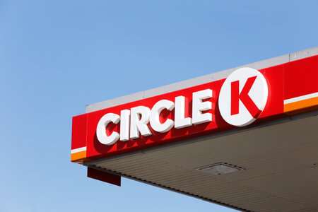 Orebro, Sweden - April 26, 2019: Close-up of the retail service station Circle K protected roof with the logotype.のeditorial素材