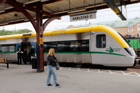 Karlstad, Sweden - May 21, 2019: One public transportation train at the Karlstad central station...