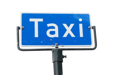 Close-up of a pole with blue taxi stand sign with white text isolated on white background.の写真素材