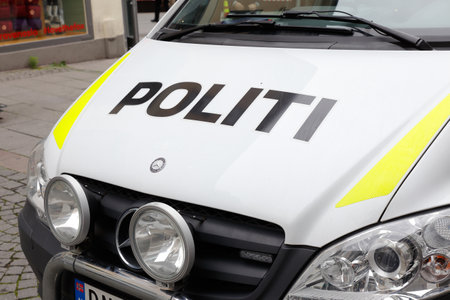 Oslo, Norway - June 20, 2019: Close-up of a Norwegian Mercedes police car hood.のeditorial素材