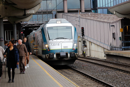Oslo, Norway - June 20, 2019: NSB Class 72 electric multiple unit commuter train arriving at track 9 at the Oslo Central station.のeditorial素材
