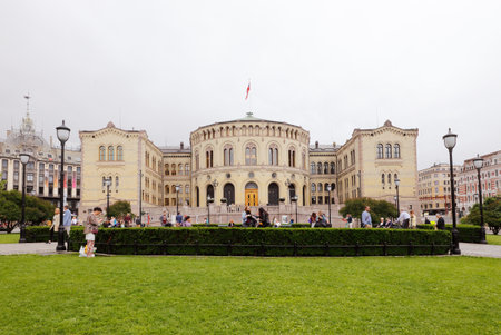 Oslo, Norway - June 20, 2019: Exterior view of the Norwegian parliament building during day with a overcast sky.のeditorial素材