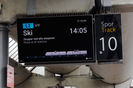 Oslo, Norway - June 20, 2019: Platform information sign at the Oslo Central station for track 10 with train destinated for Ski on line L2 operated by Vy.のeditorial素材
