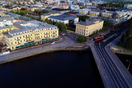 Karlstad, Sweden - July 4, 2019: Aerial view of Karlstad city center with the Vastra bridge in the bottom right and the Stadshotellet hotel building at bottom left.のeditorial素材