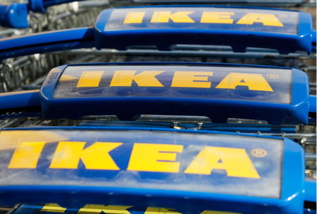 Huddinge, Sweden - July 11, 2019: Close-up of stored Ikea shopping carts.のeditorial素材