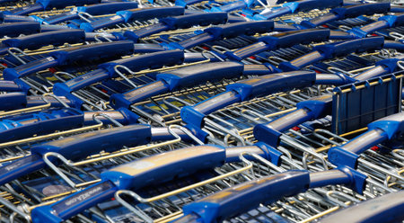 Huddinge, Sweden - July 11, 2019: Full frame image of stored shopping carts outside Ikea.のeditorial素材